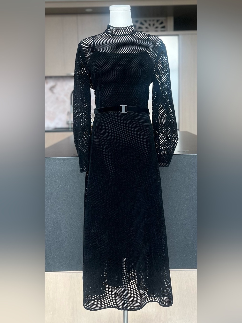 Akris Punto Black Long Sleeve Mesh Midi Dress with Slim Belt